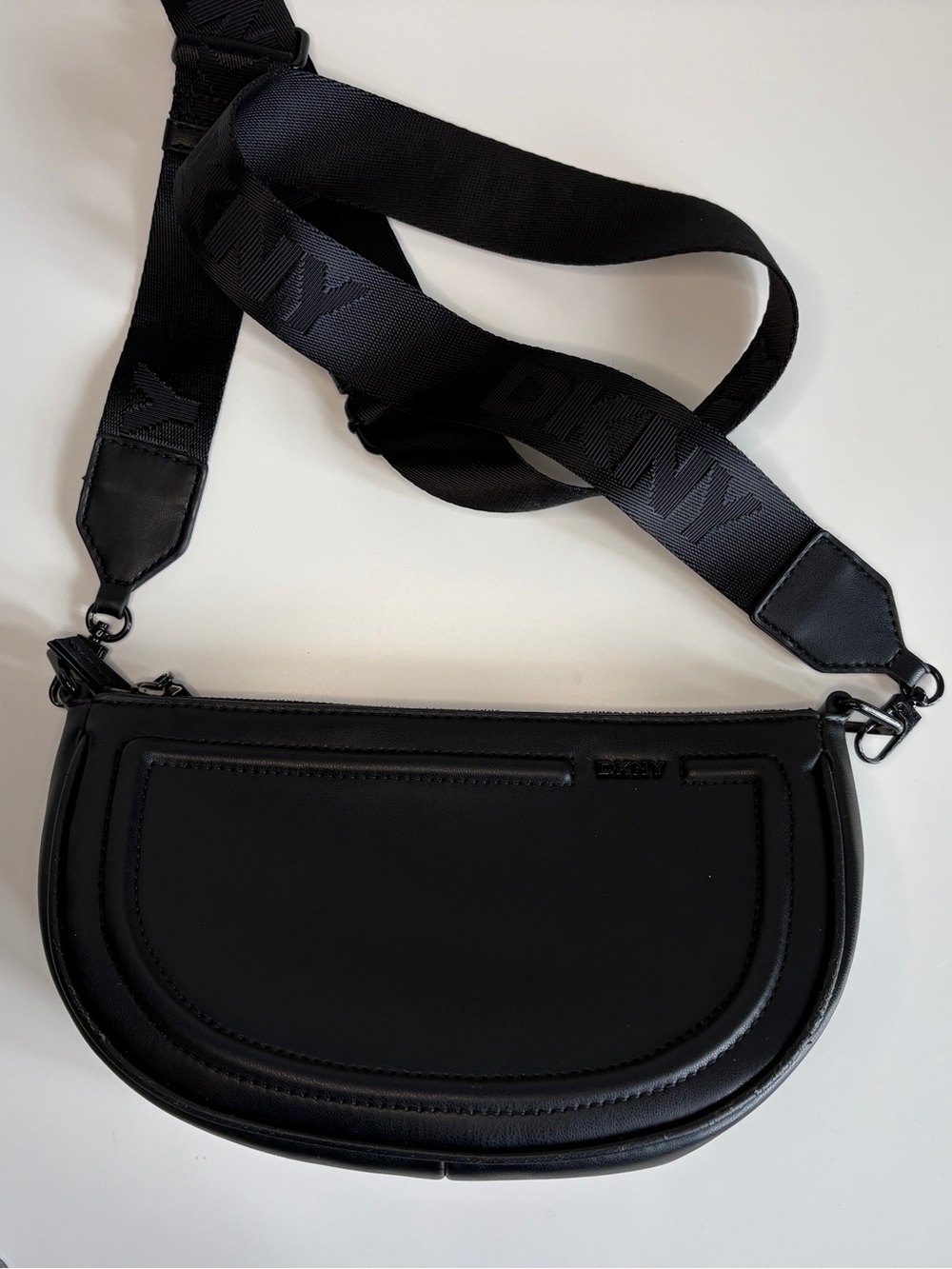 DKNY Black Leather Crescent Shoulder Bag with Logo Detail